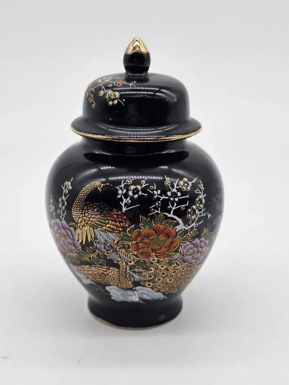 Asahi Japan Vase Black Floral Porcelain Peacock Ginger Jar Urn with Lid